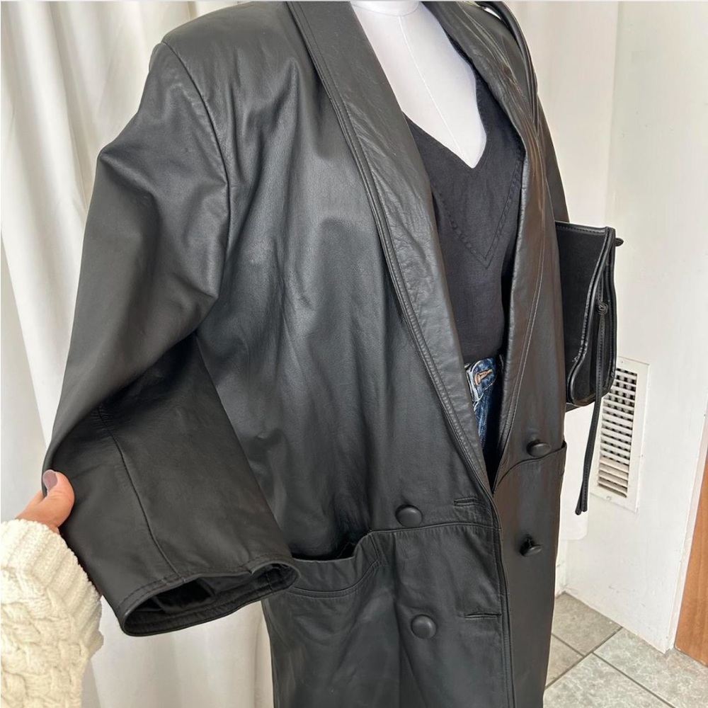 Vintage Pelle Club black long leather trench coat size Medium. - Picture 7 of 12